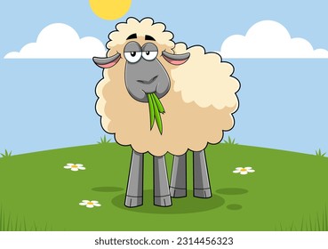 Funny Sheep Cartoon Charaktere essen ein Gras. Vektorhandgezeichnete Illustration mit Landschaftshintergrund