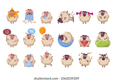 Funny sheep cartoon characters big set, ram with different situations and emotions vector illustration