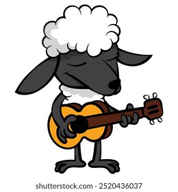 Divertidos personajes de dibujos animados de ovejas tocando guitarras acústicas en el concierto. Lo mejor para la etiqueta engomada, el logotipo, y la mascota con los temas de la granja para los niños