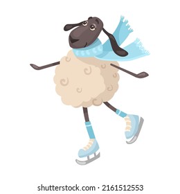 Funny sheep cartoon illustration. Fluffy lamb in skates. Sleepy animal in nightcap with pillow. Farm animal concept
