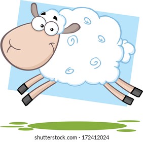Funny Sheep Cartoon Mascot Character Jumping. Vector Illustration 