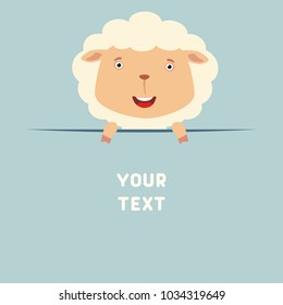 Funny sheep in cartoon style looks out from behind field for your text. Template for card, invitation or greeting.