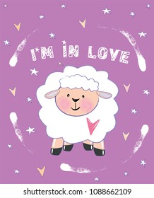Funny sheep character design. Cute greeting card. I'm in love