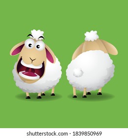 funny sheep character design front and back side.isolated on green background