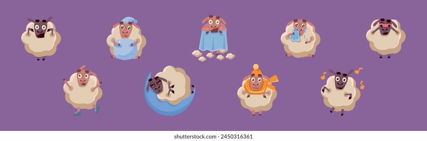 Funny Sheep Character in Different Action on Purple Background Vector Set