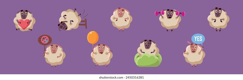 Funny Sheep Character in Different Action on Purple Background Vector Set