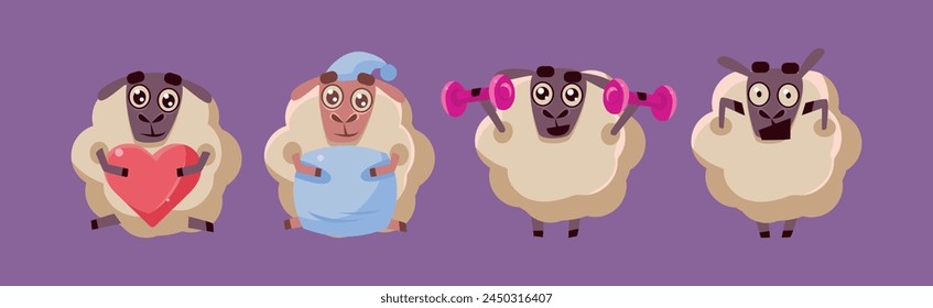 Funny Sheep Character in Different Action on Purple Background Vector Set