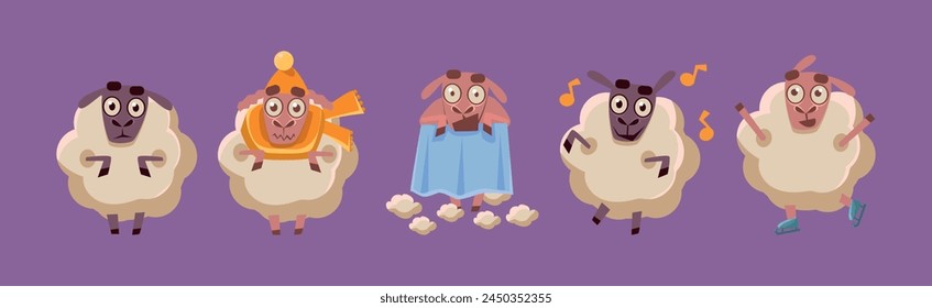 Funny Sheep Character in Different Action on Purple Background Vector Set