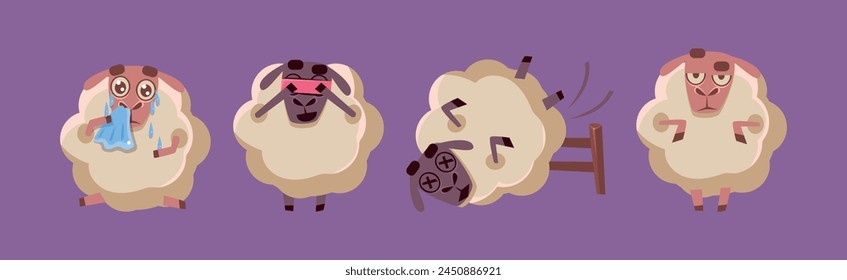 Funny Sheep Character in Different Action on Purple Background Vector Set