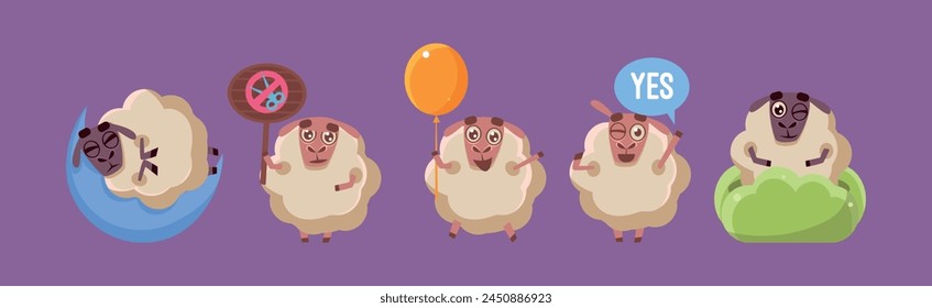 Funny Sheep Character in Different Action on Purple Background Vector Set