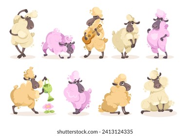 Funny Sheep Character with Woolly Coat Vector Set