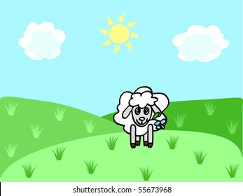 a funny sheep chewing flower on the meadow