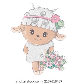 Funny sheep clip art. Sheep with a basket of flowers. Cute little illustration of lamb for kids, baby book, fairy tales, baby shower invitation, textile t-shirt, sticker.