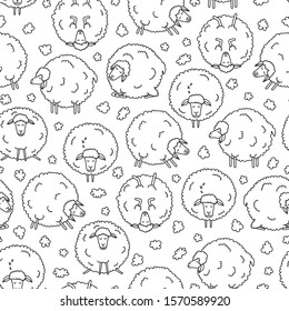 Funny sheep and clouds seamless pattern. Vector illustration for kids.