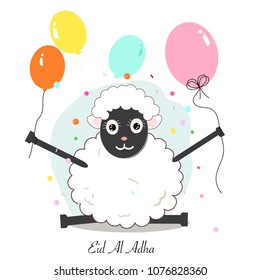 Funny sheep with colorful balloon greeting card. Islamic festival of sacrifice, eid al adha celebration background