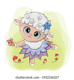 A funny sheep doing ballet on a green background. This cute vector animal is made in a cartoon style with a flower woven on its head.