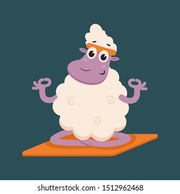 Funny sheep doing yoga exercise. Cute vector cartoon lamb character in lotus pose isolated on a background.