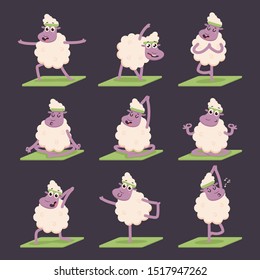 Funny sheep doing yoga poses exercises. Cute vector cartoon lamb character set isolated on background.