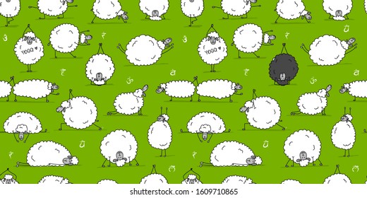 Funny sheep doing yoga, seamless pattern for your design. Vector illustration