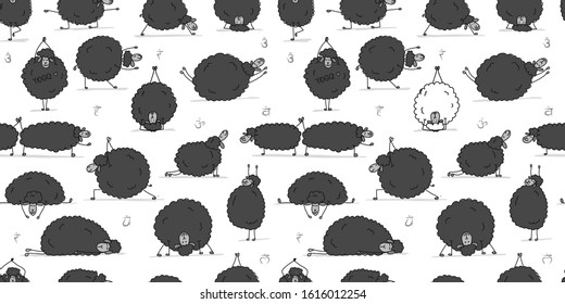 Funny sheep doing yoga, seamless pattern for your design. Vector illustration