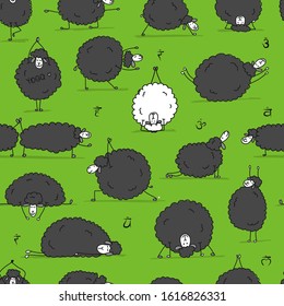 Funny sheep doing yoga, seamless pattern for your design. Vector illustration