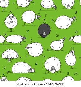 Funny sheep doing yoga, seamless pattern for your design. Vector illustration