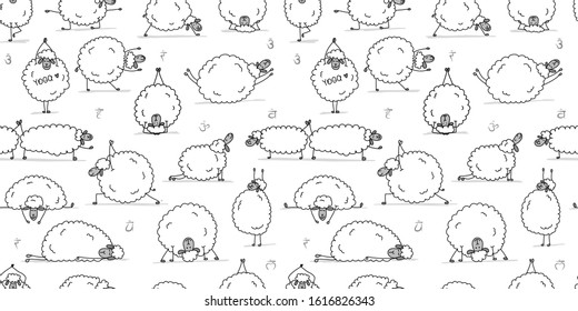 Funny sheep doing yoga, seamless pattern for your design. Vector illustration