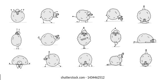 Funny sheep doing yoga, sketch for your design