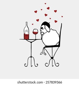 Funny sheep, drinking wine, vector, love