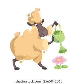 Funny Sheep Farm Character with Wooly Body and Hoof Watering Flower Vector Illustration