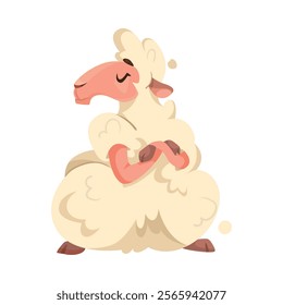 Funny Sheep Farm Character with Wooly Body and Hoof Sit with Grumpy Face Vector Illustration