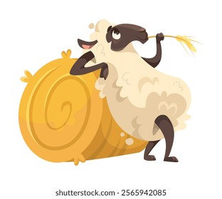 Funny Sheep Farm Character with Wooly Body and Hoof at Hay Stack Vector Illustration