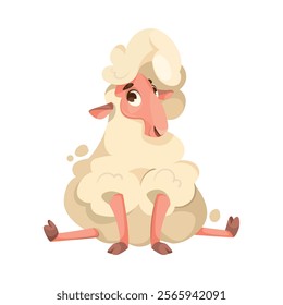 Funny Sheep Farm Character with Wooly Body and Hoof Sitting Vector Illustration