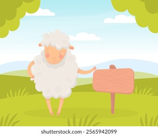 Funny Sheep Farm Character with Wooly Body and Hoof at Wooden Banner Vector Illustration