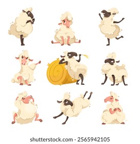 Funny Sheep Farm Character with Wooly Body and Hoof Vector Set