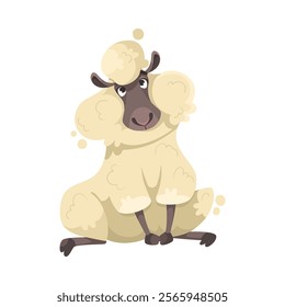 Funny Sheep Farm Character with Wooly Body and Hoof Sitting Vector Illustration