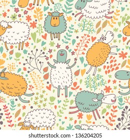 Funny sheep in flowers. Seamless pattern can be used for wallpapers, pattern fills, web page backgrounds, surface textures. Gorgeous vector background