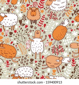 Funny sheep in flowers. Seamless pattern can be used for wallpapers, pattern fills, web page backgrounds, surface textures. Gorgeous vector background