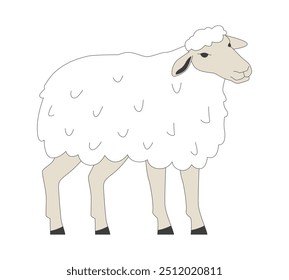 Funny sheep with fluffy wool 2D cartoon character. Healthy farm animal. Small livestock breeding at husbandry isolated animal flat vector on white background. Spot illustration colorful