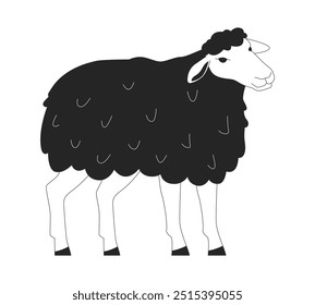 Funny sheep with fluffy wool black and white 2D line character. Healthy farm animal. Small livestock breeding at husbandry isolated vector outline personage. Monochromatic spot illustration