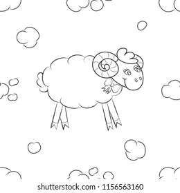 Funny sheep flying in the sky. Cheerful seamless pattern background. Vector illustration.