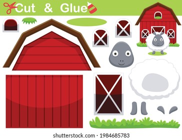 Funny sheep in front of barn. Education paper game for children. Cutout and gluing. Vector cartoon illustration