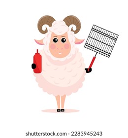 Funny sheep with grill and ketchup on white background