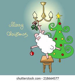 Funny sheep hangs a sprig of mistletoe on a chandelier for Christmas kisses. Hand drawn vector illustration.