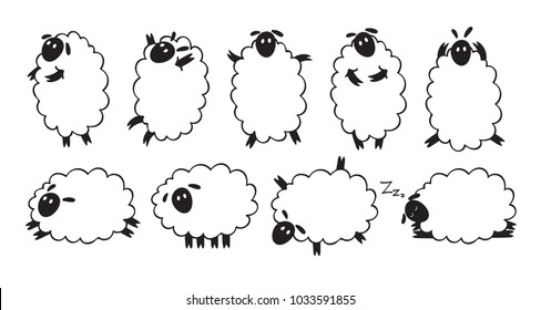 Funny sheep icons set. Doodel sketch style.