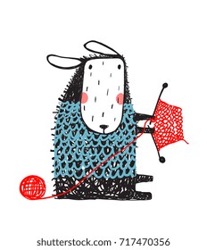 Funny Sheep Knitting Sweater. Sitting with handcraft little cute woolen animal cartoon. Vector illustration.