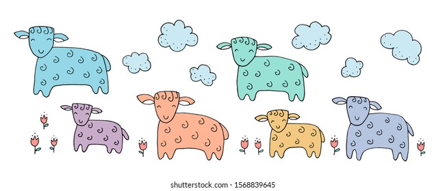 Funny sheep, lambs and hand drawn elements. Animals on the farm. Eps10 vector line-art illustration.