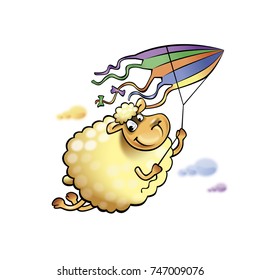 Funny sheep launches a flying kite