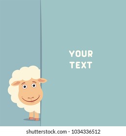 Funny sheep looks out from behind field for your text. Template for card, invitation or greeting.