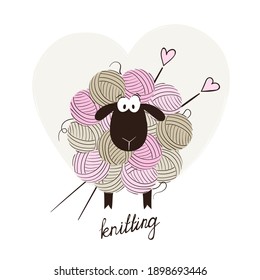 Funny sheep made of yarn balls. Vector cartoon knitting illustration